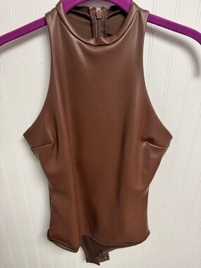 Skims Faux Leather High Neck Thong Bodysuit NWT Cocoa Small